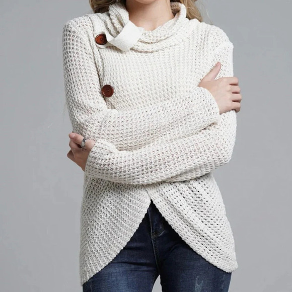 Cream Cowl Neck Chunky Sweater Wooden Buttons Surplice Front M/L - Picture 1 of 15